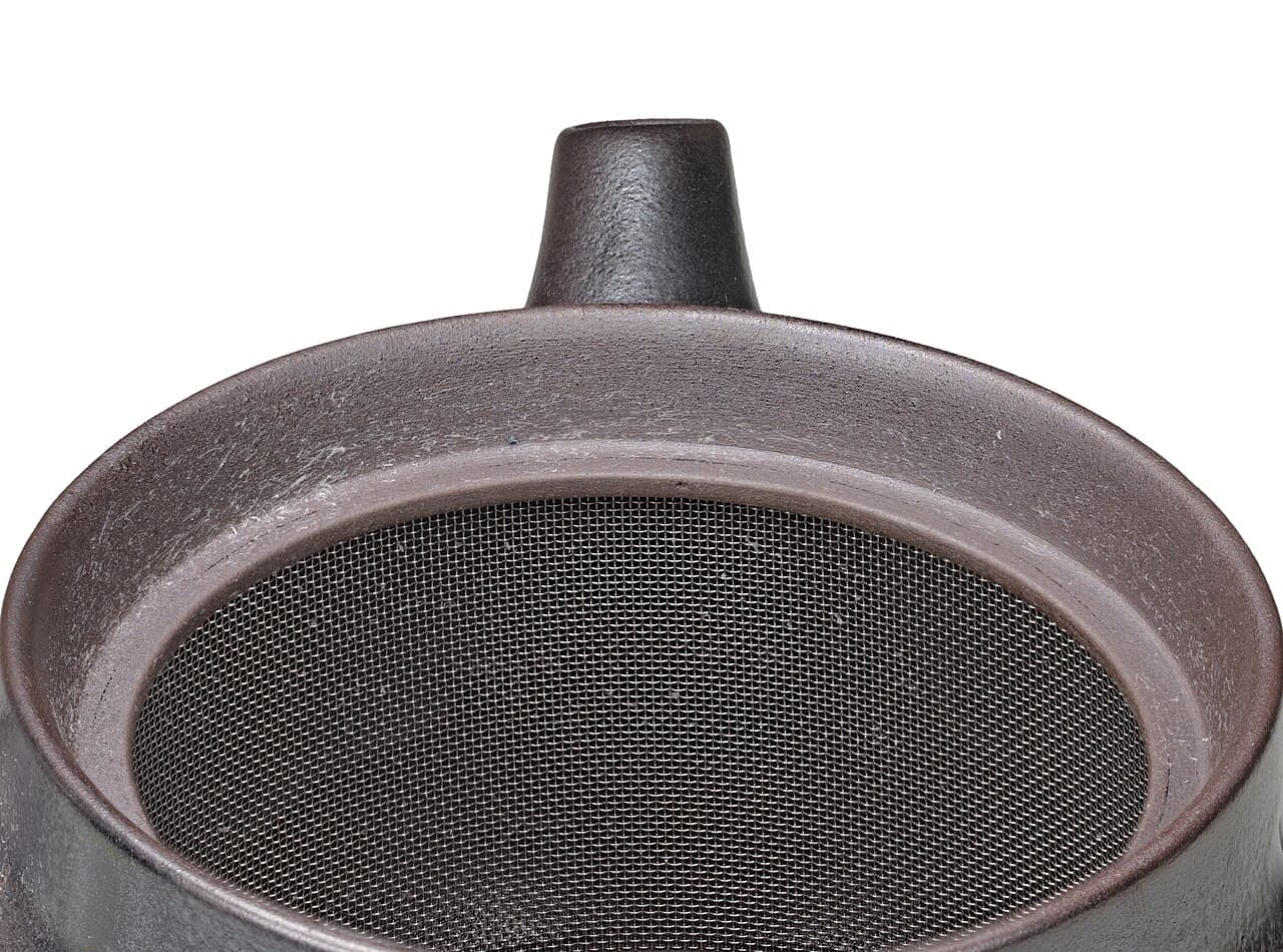 Close-up looking down into a kyusu teapot with the lid removed, showing the fine built-in strainer mesh near the spout.