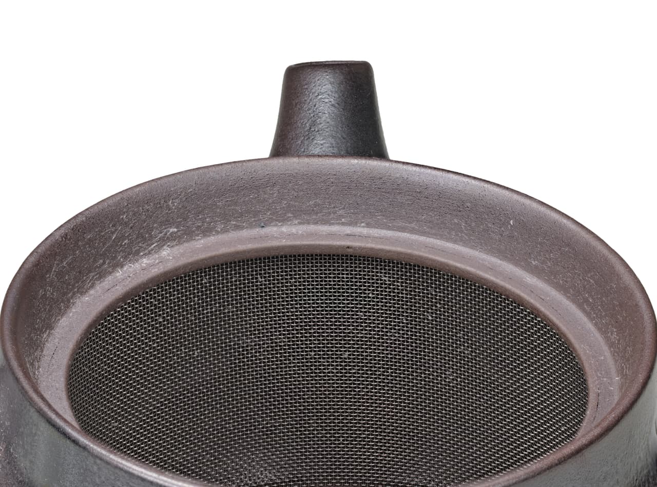 Close-up looking down into a kyusu teapot with the lid removed, showing the fine built-in strainer mesh near the spout.